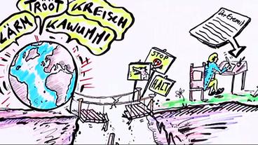 Bild: SWR Cartoon: Mann wendet sich von lauter Welt ab und schreibt.