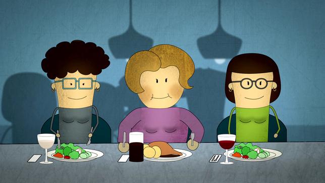Zeichnung dreier Figuren, die alle vor einem vollen Teller sitzen.