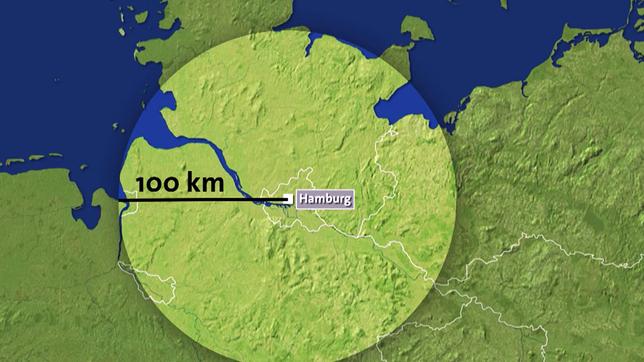 Hamburg und ein Radius von 100 Kilometern in einer Grafik