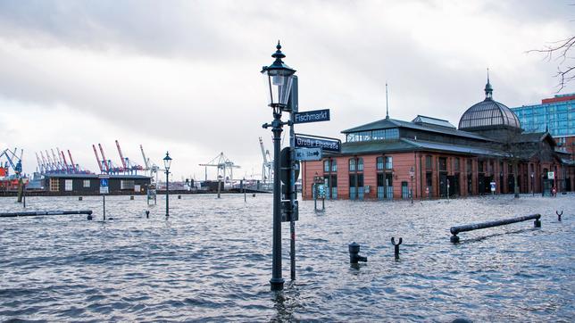 Der Fischmarkt mit der Fischauktionshalle steht während einer Sturmflut in Hamburg unter Wasser.