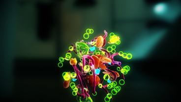 Animation: Grüne Giftmoleküle an buntem Staubpartikel