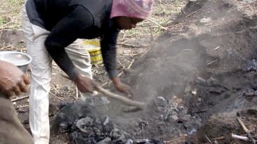 Nigerianische Nomadenfamilie stellt Holzkohle her