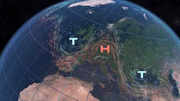 Animation des Jetstreams über der Erde mit gekennzeichneten Hoch- und Tiefdruckgebieten.