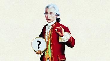 Comic von Mozart, der ein Schild mit einem Fragezeichen in der Hand hält.