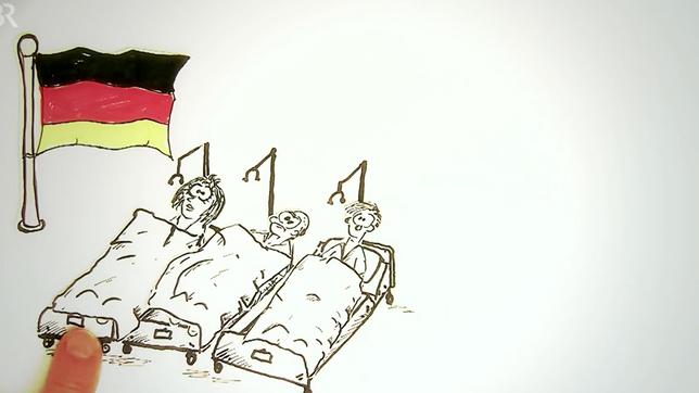 Zeichung; Drei Personen liegen nebeneinander in ihren Betten.