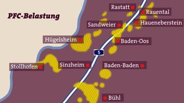 Bild: NDR Eine Karte zeigt, wo im Rheingraben zwischen Schwarzwald und Rhein der Boden mit PFC belastet ist.