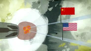 Grafik: Pipetten mit chinesischer und amerikanischer Fahne stechen in einen Embryo.