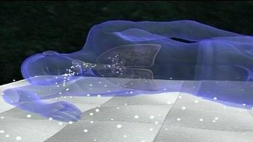 Computergrafik: Mensch liegt auf Bett und atmet Kotkügelchen ein