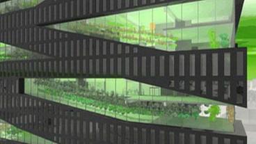 Computeranimation: Hochhaus mit großen Gewächshausfenstern