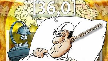 Zeichentrick: Mann mit Zipfelmütze und Fieberthermometer schläft