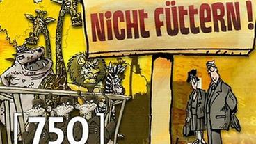 Bild: Murrmann/BR Zeichentrick: Zootierer hinter Schild "Bitte nicht füttern"