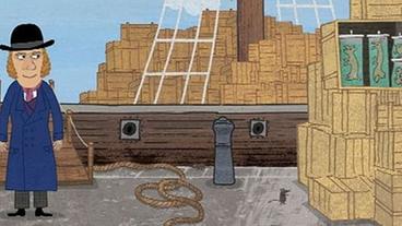 Zeichentrick: Darwin vor Schiff mit Kisten