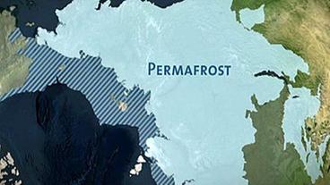 Landkarte der nördlichen Erdhalbkugel. Durch farbliche Hervorhebung ist die Verteilung des Permafrostboden in Sibirien und am Meeresboden vor der sibirischen Küste zu erkennen.