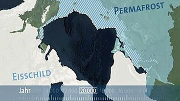 Landkarte der nördlichen Erdhalbkugel. Durch farbliche Hervorhebung ist die Verteilung des Permafrostbodens in Sibirien und die Eisschildverteilung vor 20.000 Jahren zu erkennen.