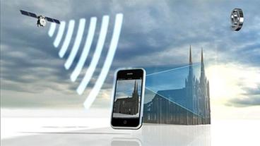 Bild: BR Computeranimation zeigt wie Smartphone Kathedrale filmt, Handy empfängt GPS-Signal von links oben, Internet-Verbindung von rechts