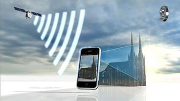 Computeranimation zeigt wie Smartphone Kathedrale filmt, Handy empfängt GPS-Signal von links oben, Internet-Verbindung von rechts