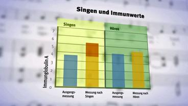 Ein Säulendiagramm zeigt einen starken Anstieg von Immunglobulin nach dem Singen