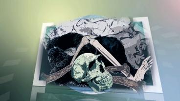Totenkopf und Knochengerippe vor Höhlenzeichnungen