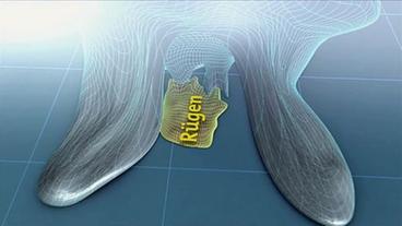 Grafische Darstellung eiszeitlicher Gletscher, die Rügen zusammenpressen