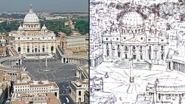 Links: Foto vom Petersdom, rechts die Zeichnung