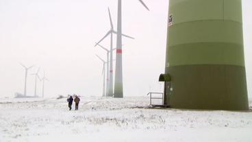 Zwei Männer stehen zwischen Windrädern