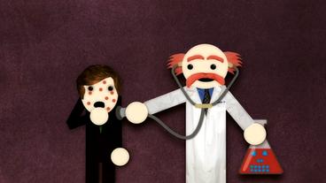 Trickfilmgrafik zeigt, wie ein gestresster Patient vom Arzt untersucht wird.