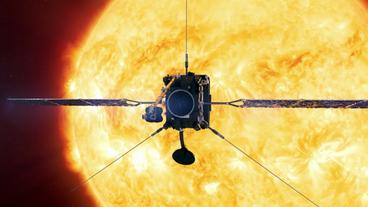 Animationsbild: Der Sonnensatellit Solar Orbiter vor der Sonne