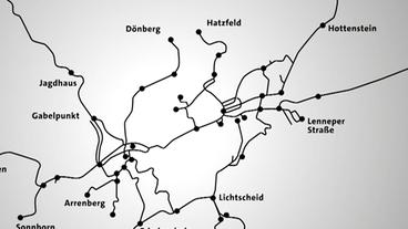 Netzkarte des ehemaligen Straßenbahnschienennetzes in Wuppertal