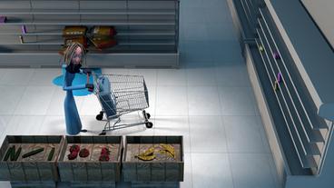 Bild: SWR Eine Frau geht durch leer gekauften Supermarkt