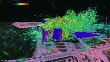 Bild: Palm 4 U, Uni Hannover/ CEN/ Uni Hamburg Eine Animation zeigt Wind-Turbulenzen, die durch ein Gebäude entstehen