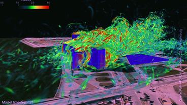 Eine Animation zeigt Wind-Turbulenzen, die durch ein Gebäude entstehen