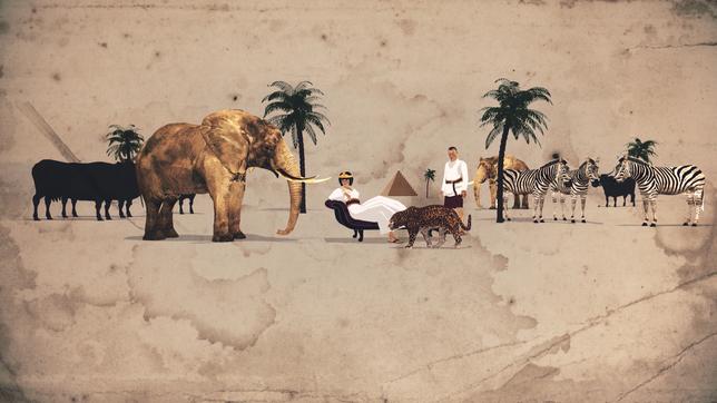Eine Zeichnung zeigt verschiedene Wildtiere, die zwei Menschen umgeben.