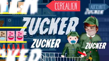 Bild: WDR Detektivin und Sohn im Einkaufswagen im Supermarkt, um sie herum steht in Großbuchstaben „Zucker“.