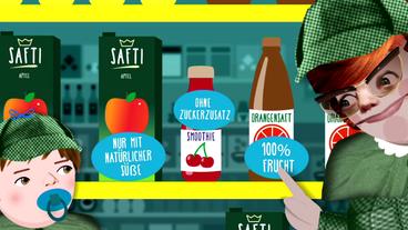 Bild: WDR Detektivin zeigt ihrem Sohn einen Saft mit der Aufschrift "100 Prozent Frucht".