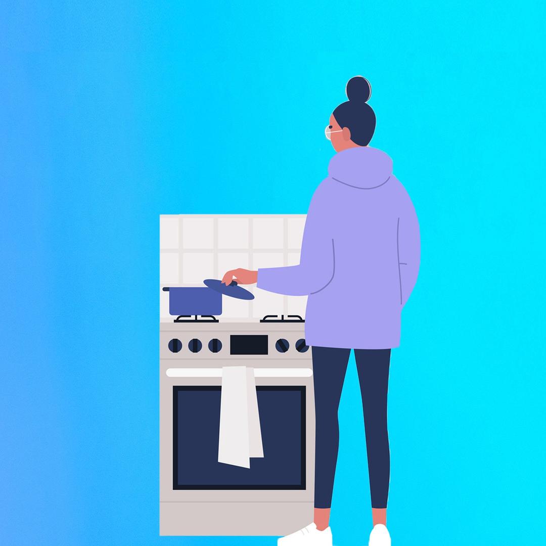 Grafik: Eine Frau stecht vor einer Küchenzeile