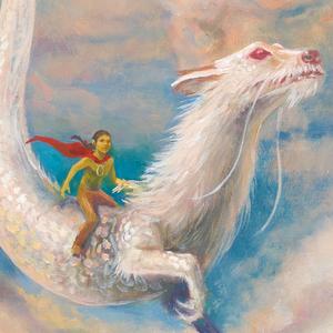 Zeichnung: Bastian reitet auf dem Drachen Fuchur neben Wolken im Himmel.