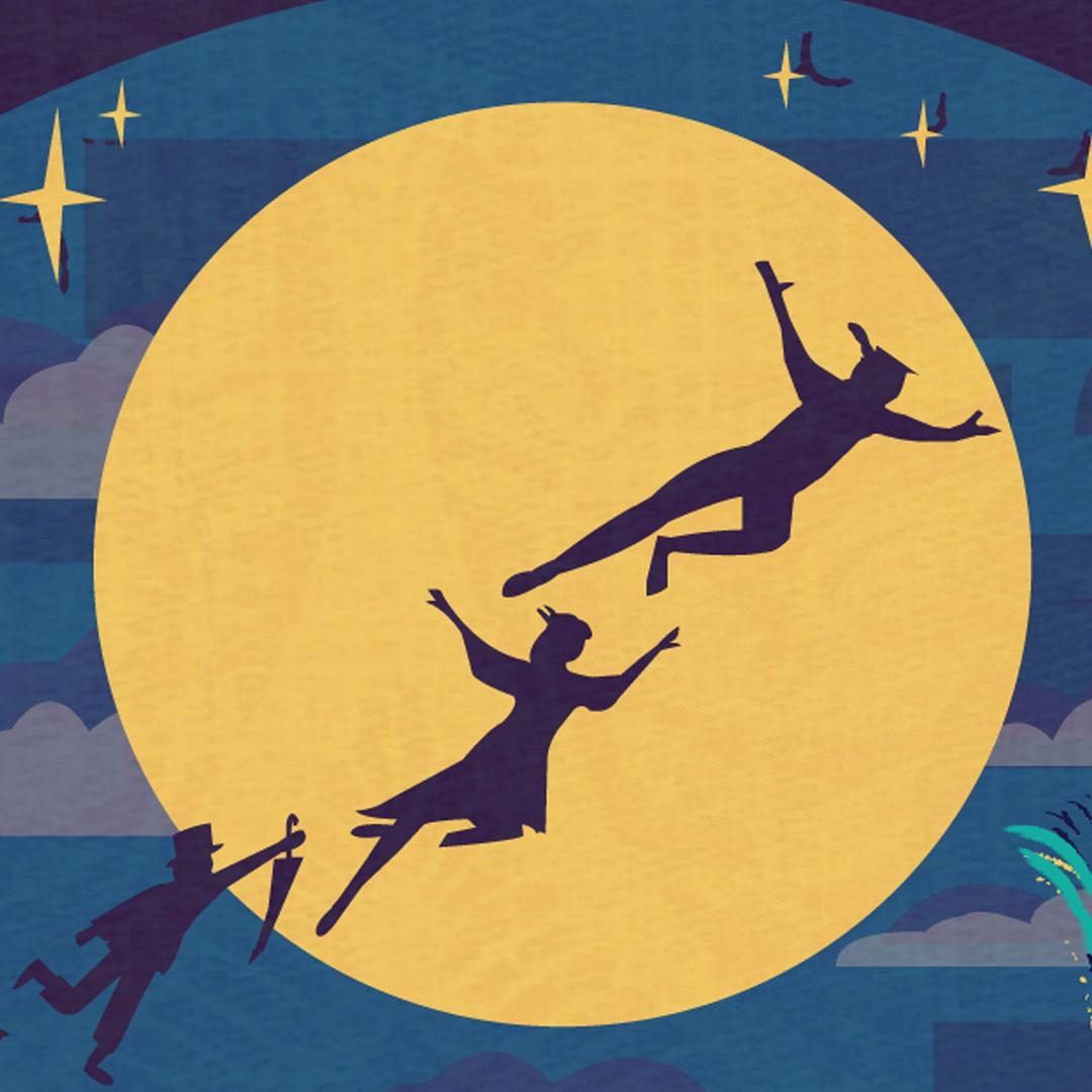Zeichnung: Peter Pan fliegt mit Kindern vor einem goldenen Mond