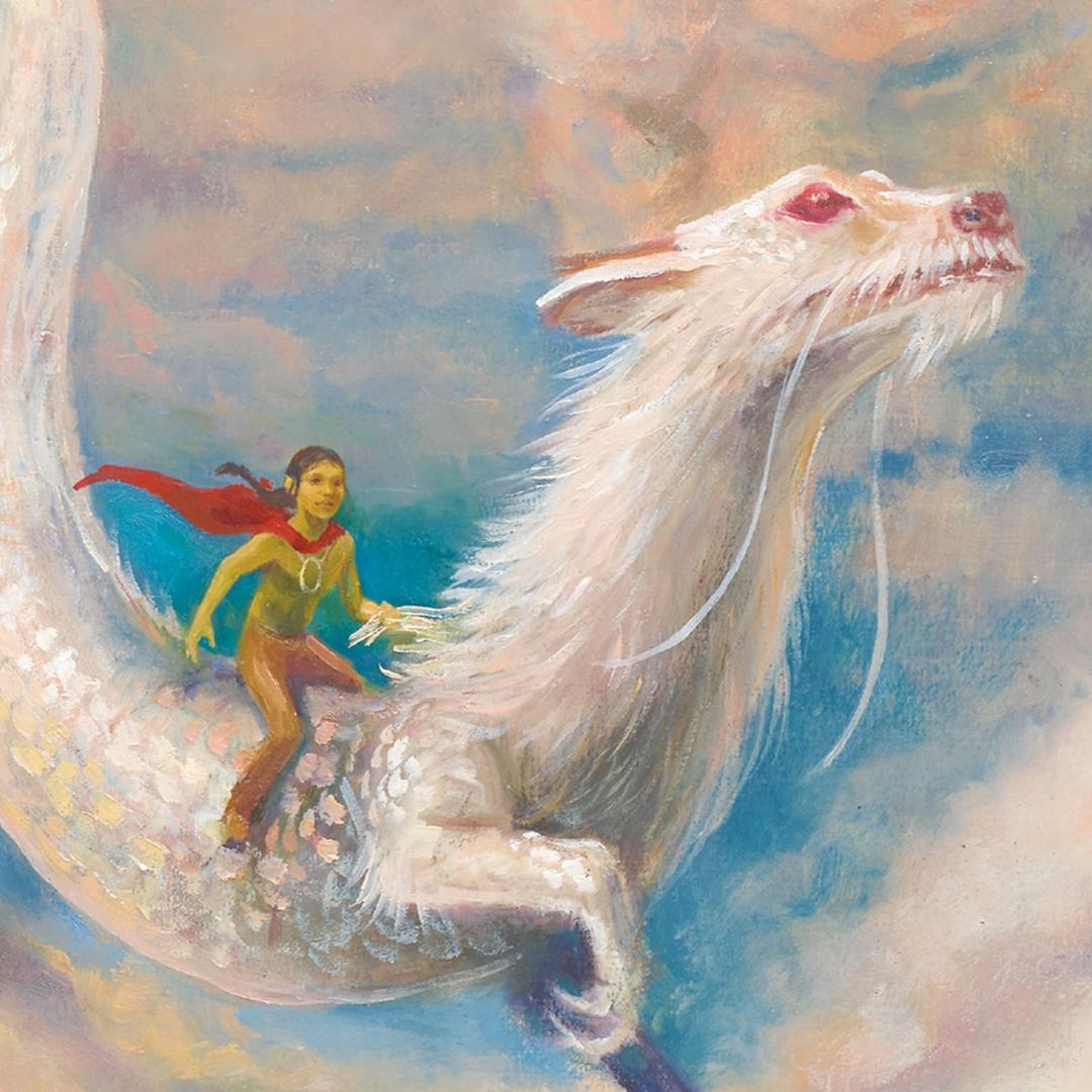 Zeichnung: Bastian reitet auf dem Drachen Fuchur neben Wolken im Himmel