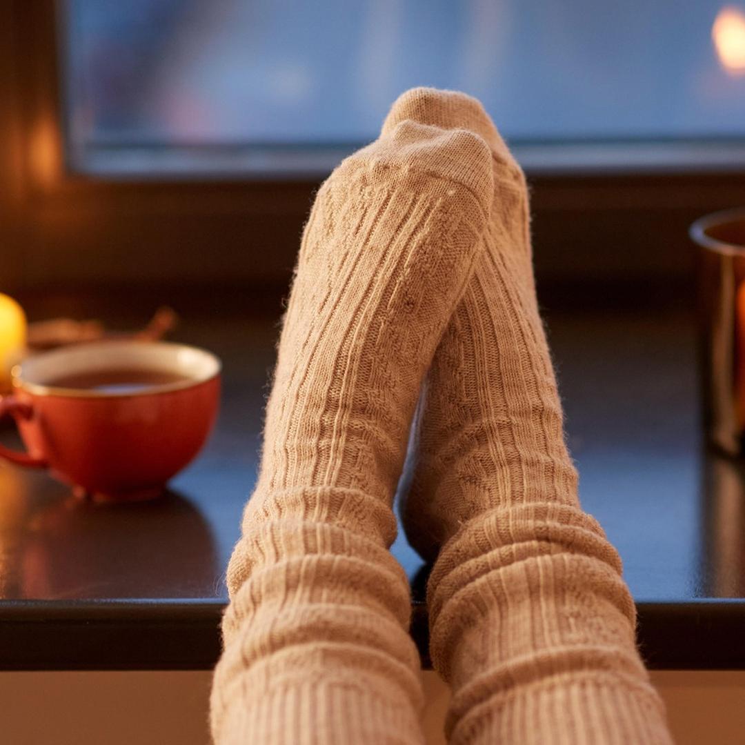 Füße in dicken Socken mit einem Heißgetränk und brennenden Kerzen auf der Fensterbank