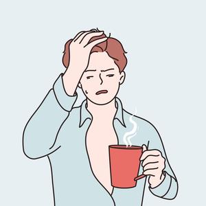 Illustrierter Mann der sehr müde aussieht und eine Kaffee-Tasse in der Hand hat