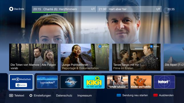 Die Startleiste mit Zugang zu: ARD-Mediathek, Tagesschau, Sportschau, Kika, ARD Text und mehr