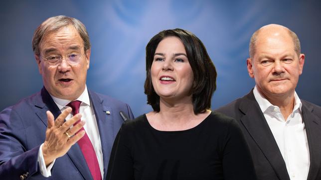 Bild: picture alliance/Sven Simon | Malte Ossowski/Sven Simon Fotomontage: Die Kanzlerkandidaten zur Bundestagswahl 2021: v.li: Armin LASCHET (CDU), Annalena BAERBOCK, (Bündnis 90/die Grünen), Olaf SCHOLZ (SPD).