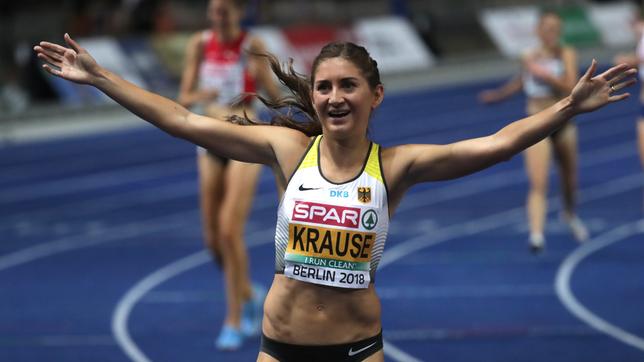 3000 m Hindernis: Goldmedaillengewinnerin Gesa Felicitas Krause aus Deutschland jubelt im Ziel