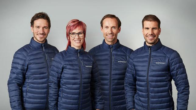 Das Wintersport-Expertenteam in der ARD in der Saison 2021/22 v.l.n.r. Felix Neureuther (Ski alpin), Kati Wilhelm (Biathlon), Sven Hannawald (Skispringen), Arnd Peiffer (Biathlon).