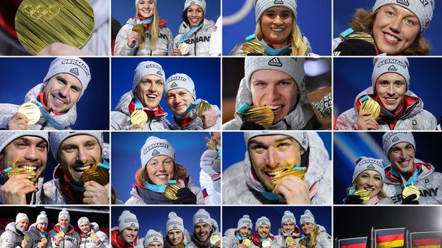 Sportler aus Deutschland zeigen ihre Goldmedaille der Olympischen Spiele 2018 in Pyeongchang