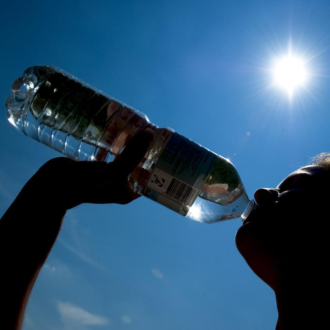 Die Dresdnerin Katharina (27) trinkt am Freitag (02.07.2010) während eines Sonnenbades bei Temperaturen um 31 Grad in den Elbwiesen in Dresden einen Schluck Wasser aus einer Flasche.