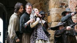 Die Musketiere: Der Anarchist Vadim (Jason Flemyng) und sein vermeintlicher Kumpan D'Artagnan (Luke Pasqualino) nehmen Königin Anne (Alexandra Dowling) als Geisel.