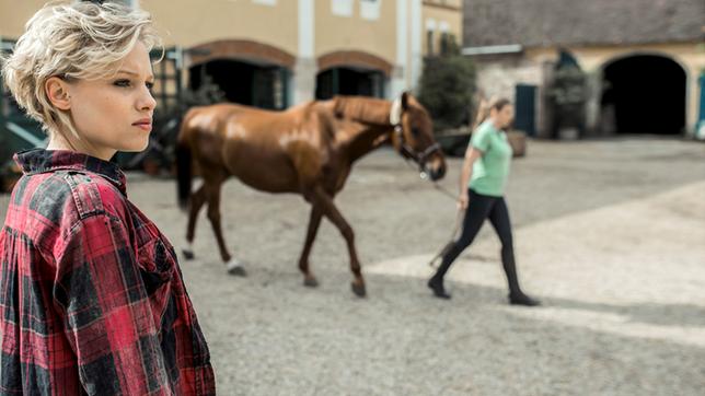 Bild: ARD Degeto/ServusTV/SAM Film/Martin Hörmandinger Alexandra (Julia Richter) beobachtet wie am Gestüt die Arbeit wieder aufgenommen wird.