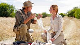 STÜRME IN AFRIKA: Der raubeinige Ranger Alex (Markus Knüfken) macht sich über Eva (Katja Flint) lustig, deren Koffer vom Jeep gefallen ist und sich dabei geöffnet hat.