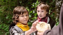 Die Freunde Max (David Krstic, li.) und Bastian (Simon Jung) bewundern ein prähistorisches Fossil.